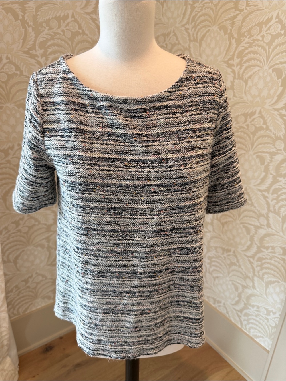 LOFT Gray and Black Striped Short-Sleeve Knit Top